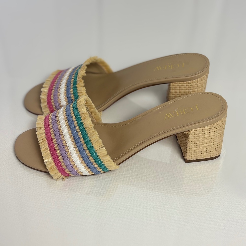 J. Crew Striped Raffia Block Heel Slide Sandals Women's‎ Size 8 Rainbow Festive - Picture 3 of 7